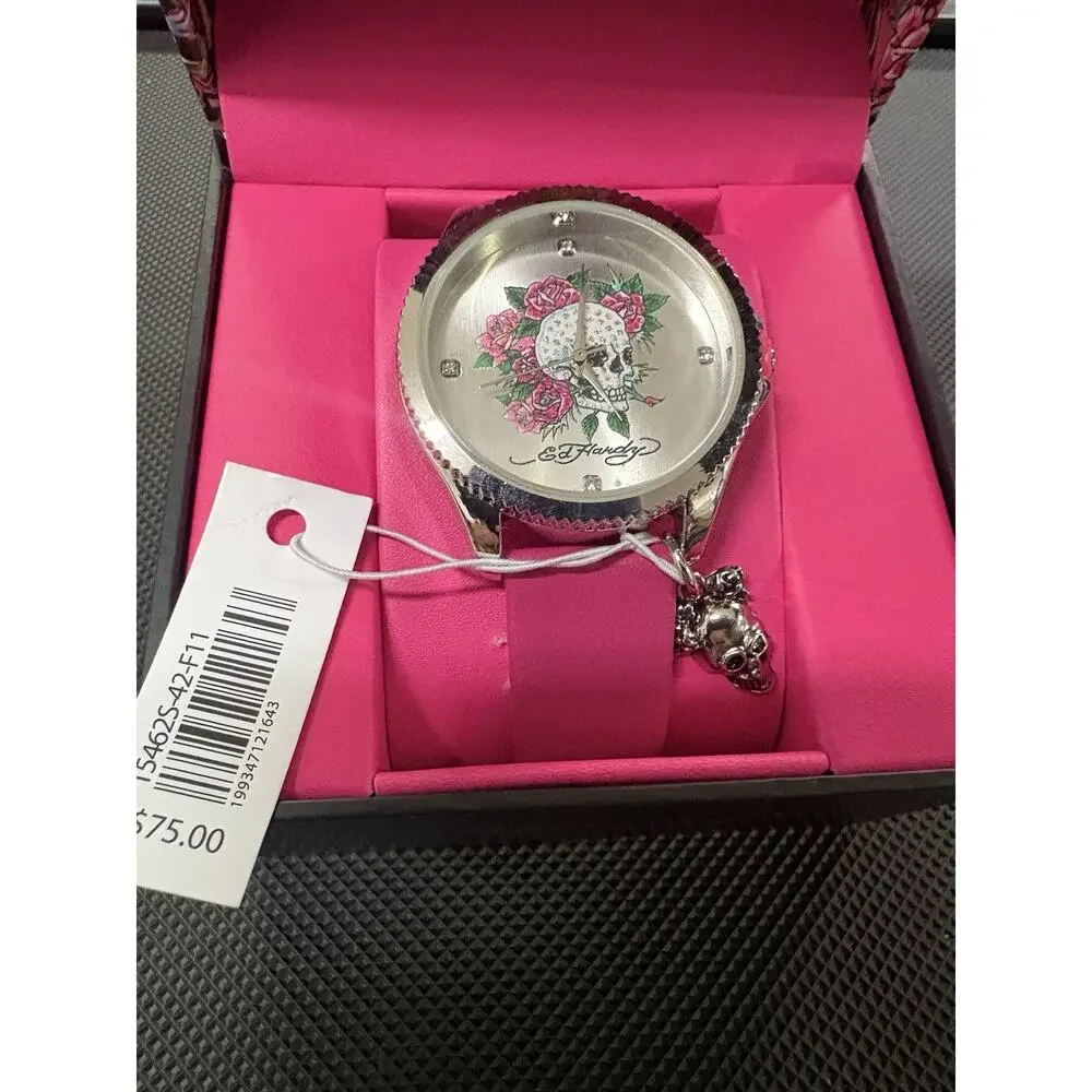 Ed Hardy Skull Roses Women's Quartz Analog Watch Silver Dial Pink Strap w/ Box